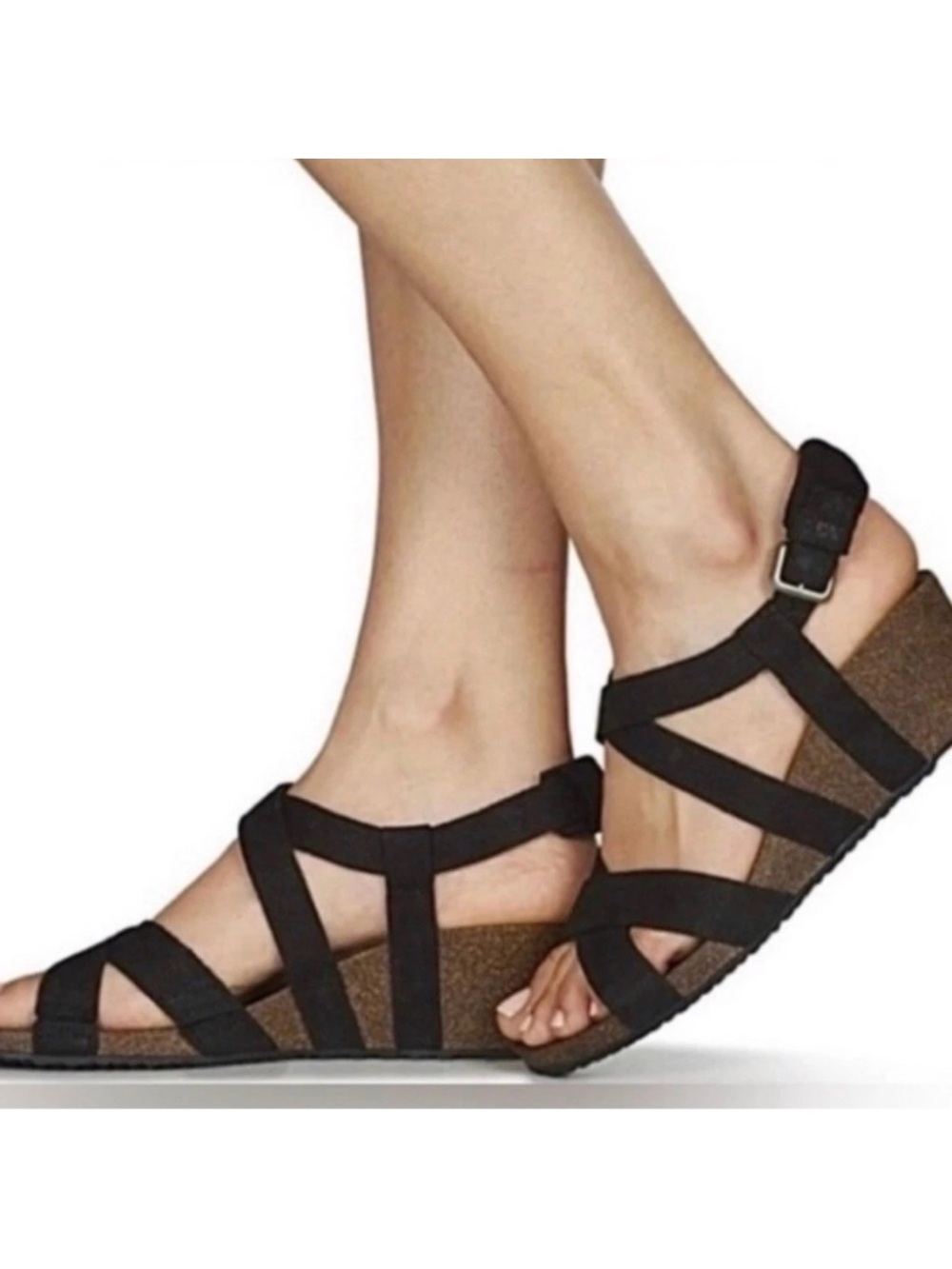 Teva Sandals Womens Size 7 Mahonia Wedge Cork Strap Black Leather Comfort Shoe